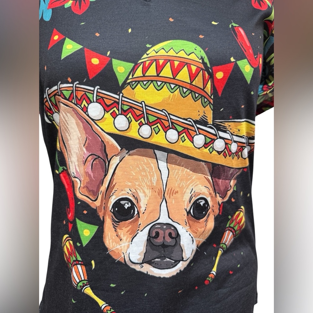 Fun Chihuahua Floral Mexico Cinco de Mayo Graphic Short Sleeved Top - Picture 3 of 9